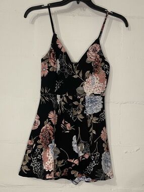 Windsor Black Floral V-Neck Romper with Pink & Blue Flowers